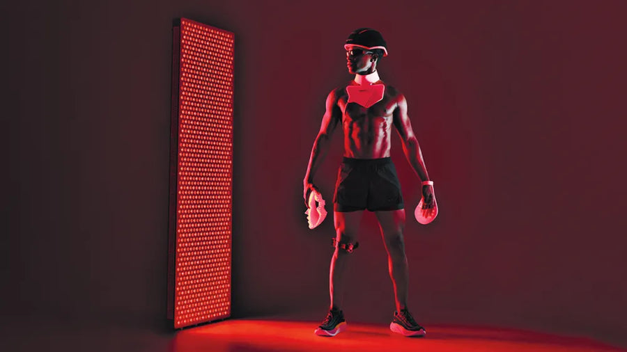 Man using many red light therapy devices
