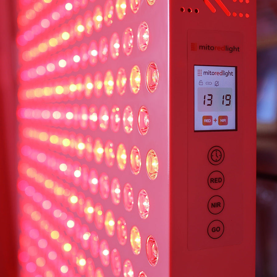 closeup of red light panel LEDs and lcd panel.