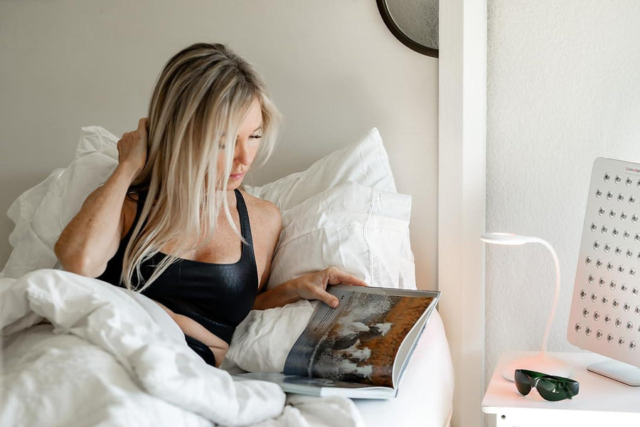 Woman Waking Up From Sleep with Red Light Therapy Panel from Mito Red Light