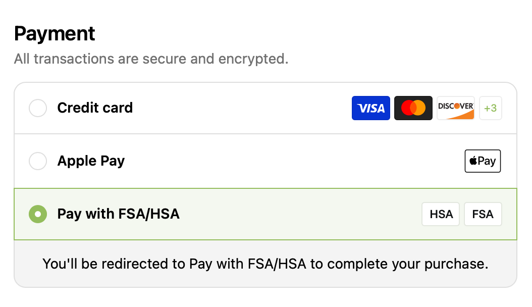 HSA/FSA listed in the checkout payment options next to card and wallet options